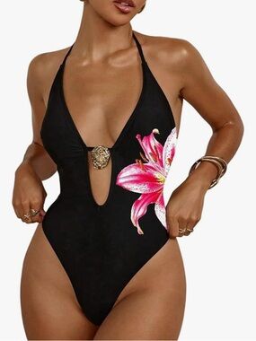 Black One-Piece Halter Swimsuit with Pink Floral Accent
